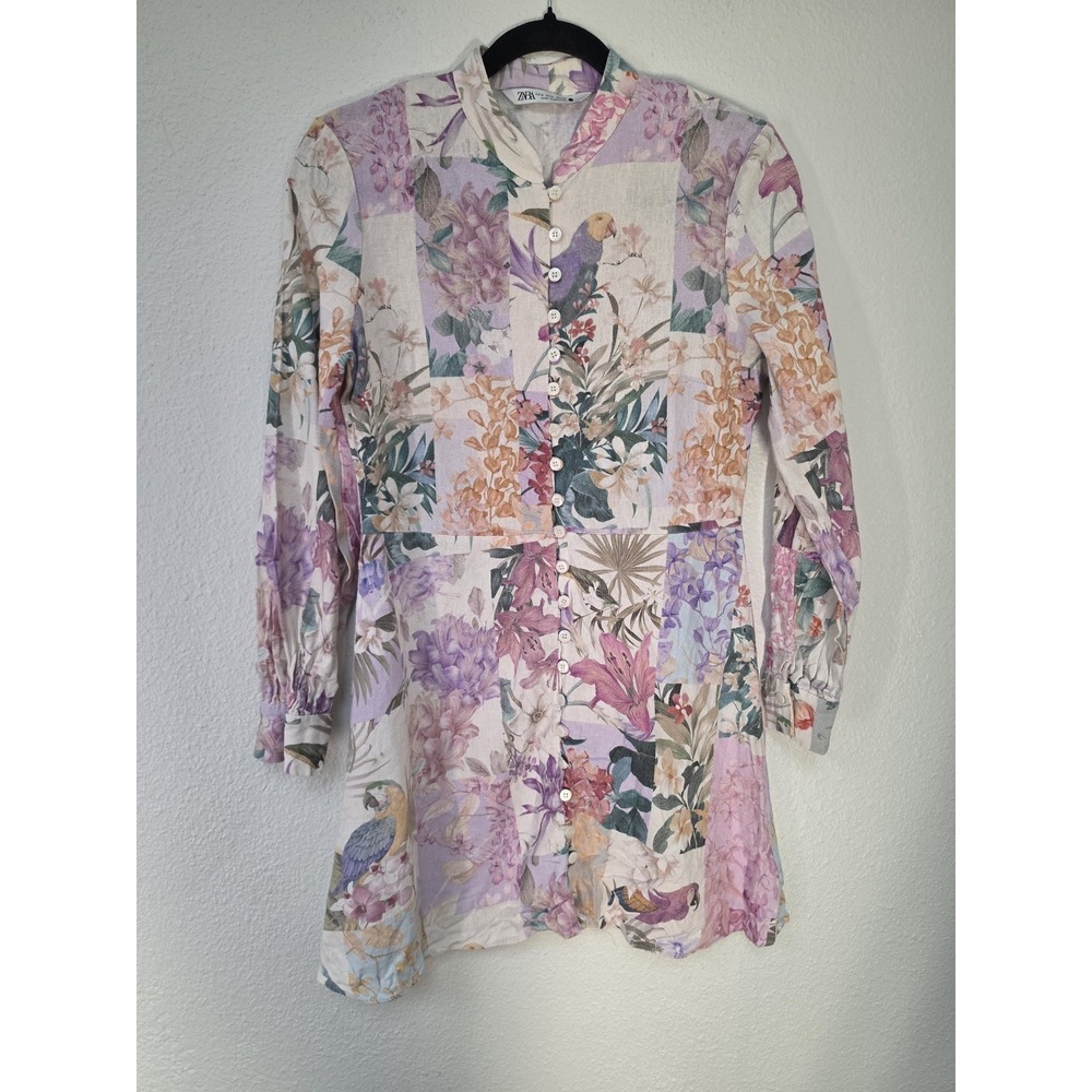Zara Blouse Mini Dress S Floral Birds Boho Long Sleeve Multi-Color Linen Pastel